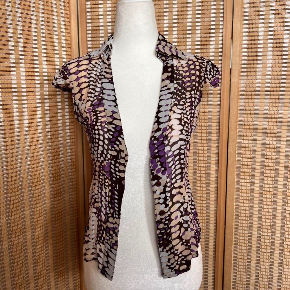 Vintage Y2K Angel cap sleeve purple polka dot button up blouse